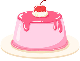 A delightful cartoon illustration of a pink pudding dessert with sweet strawberry glaze, whipped cream, and a cherry on top
