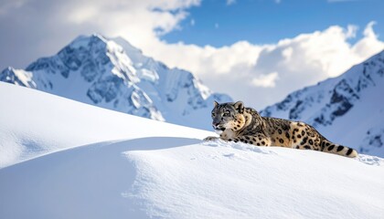 A snow leopard rests serenely on a snowy ridge with vast mountain peaks in the background.