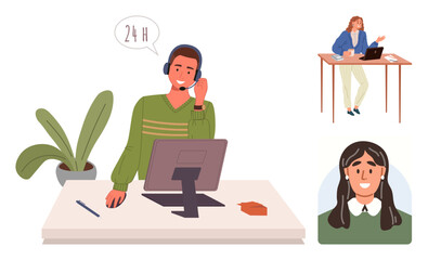 Support agent wearing a headset assisting customers, talking via calls, surrounded by plants and office elements. Ideal for customer service, communication, teamwork, remote work, client support