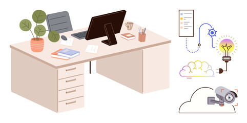 Office desk setup with computer, plant, books, digital files, and icons for cloud security, automation, innovation. Ideal for productivity, technology innovation remote work creativity security