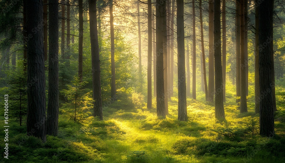 Poster sunlight streams through the tall tree trunks, illuminating a path in a forest with a lush carpet of