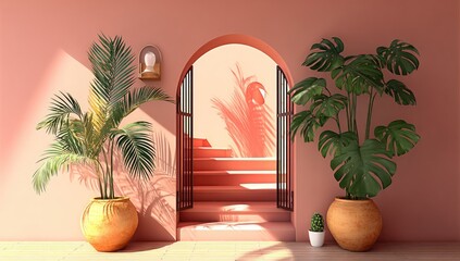 Interior scene with archway and plants.