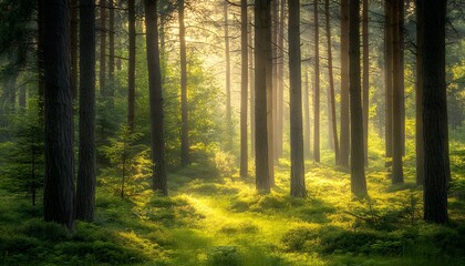 Sunlight streams through the tall tree trunks, illuminating a path in a forest with a lush carpet of green plants and moss on the forest floor.