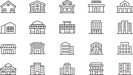 Set of urban building and real estate line icons. Vector collection of architectural symbols representing city structures, offices, and homes for design