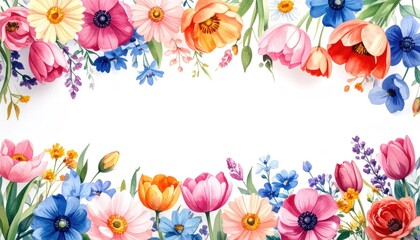 Vibrant watercolor floral border with tulips, anemones, and daisies.
