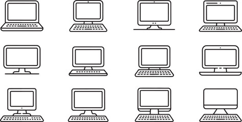 A versatile set of computer and laptop outline icons. Vector graphic illustration pack showcasing various electronic devices in a clean, minimalist line art style