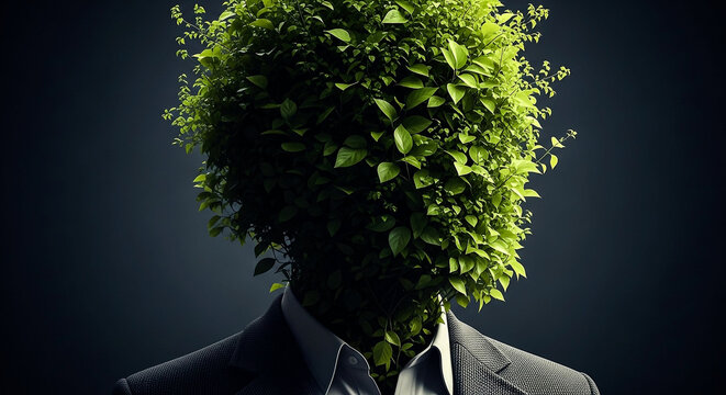 Fototapeta A striking and symbolic portrait features a man in a suit with a dense green plant replacing his head evoking themes of nature's power and personal transformation