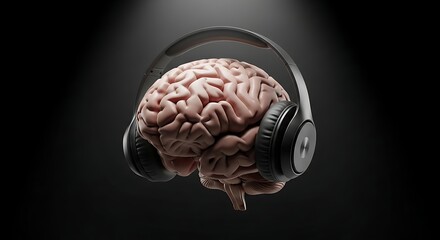 Realistic depiction of a human brain wearing headphones, symbolizing auditory processing and cognitive function.