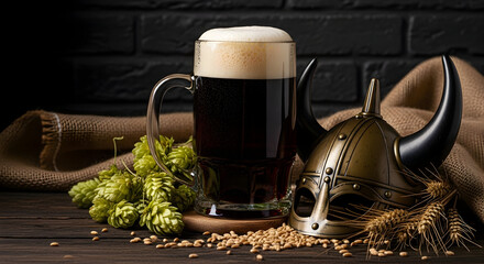 Oktoberfest Dark Beer Mug with Frothy Head, Viking Helmet, Hops, and Wheat Grains on Rustic Wood. Traditional Craft Beer Still Life.