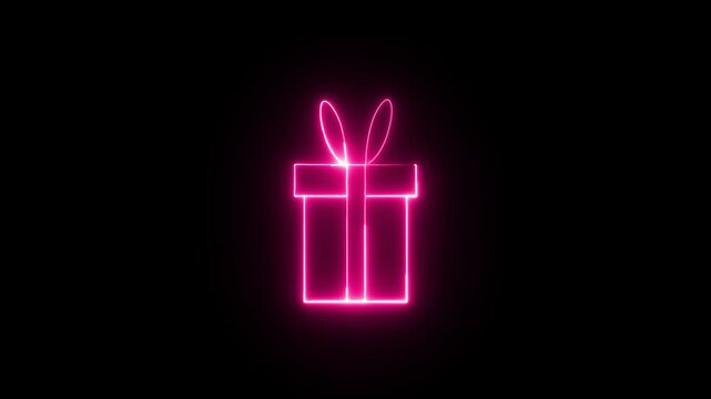 Pink neon gift box black background.