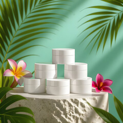 Cosmetic Cream Jars Arranged on a Stone Pedestal with Tropical Foliage and Flowers
