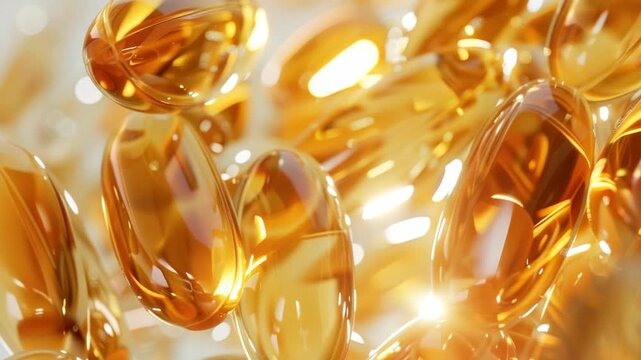 Pile of fish oil pills close up. The golden brown color indicates the presence of omega-3 fatty acids.