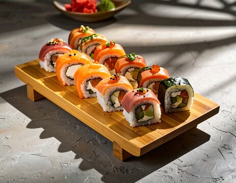 Colorful sushi rolls on bamboo board with fresh fish, rice, and vegetables under soft light.