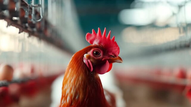 Close up of red rooster and brown poultry birds with bright combs and detailed feathers inside indoor farm, showcasing calm animal expressions and natural soft lighting environment