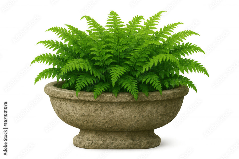 Poster verdant fern fronds cascading from aged stone container, translucent backdrop ideal for architectura