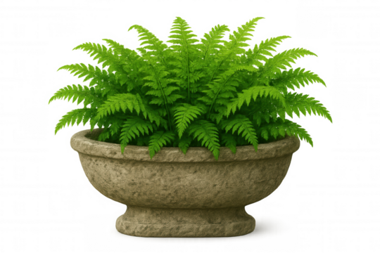 Verdant fern fronds cascading from aged stone container, translucent backdrop ideal for architectural visualization and minimalist design compositions