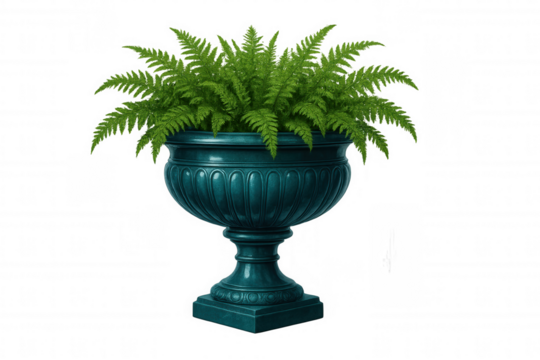 Verdant fern cascading from teal ceramic urn, creating botanical elegance against clean transparent background - Powered by Adobe