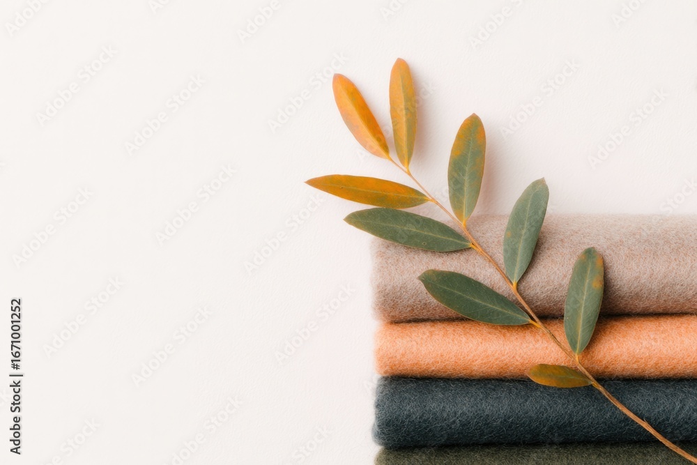 Poster soft textiles arranged neatly with delicate leaves adding natura