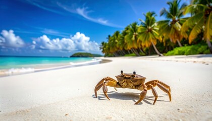 A large coconut crab walks across a tropical beach with vibrant blue sky and palm trees calmly.