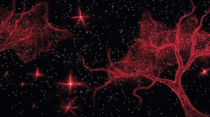 Abstract illustration of a starry night with red trees and cosmic elements.