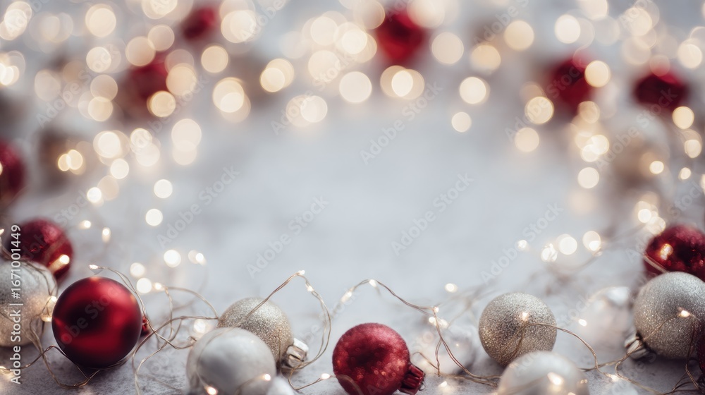 Poster and keyword list based on the image christmas ornaments arranged on grey surface with bokeh lights c