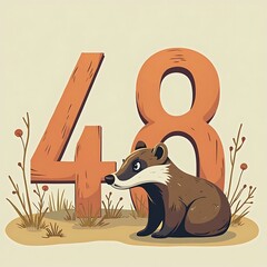 Badger Sitting Near Number Forty Eight Cartoon Style