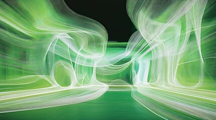 An abstract representation of light and movement in a green-toned digital landscape.