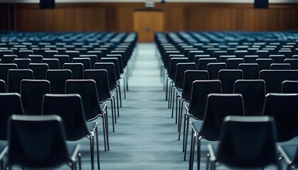 Naklejka premium The image shows many dark-colored chairs arranged in rows, facing a stage or presentation area in a large, empty hall.