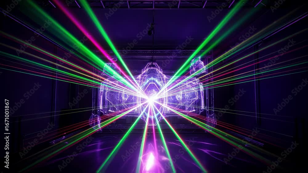 Poster dynamic shot of laser beams intersecting with holographic rigging apparatus creating a vibrant 3d li