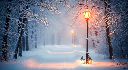 Enchanting winter scene illuminated by a vintage street lamp in a snow-covered forest path