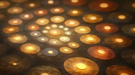 Abstract design featuring circular light patterns in warm tones on a dark background.