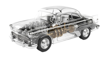 Transparent Classic Car with Visible Engine Components.