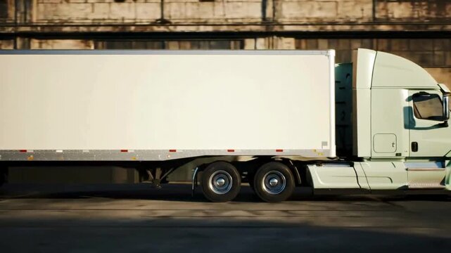 A white semi-truck and trailer is parked against a textured, concrete wall, casting shadows on the asphalt.