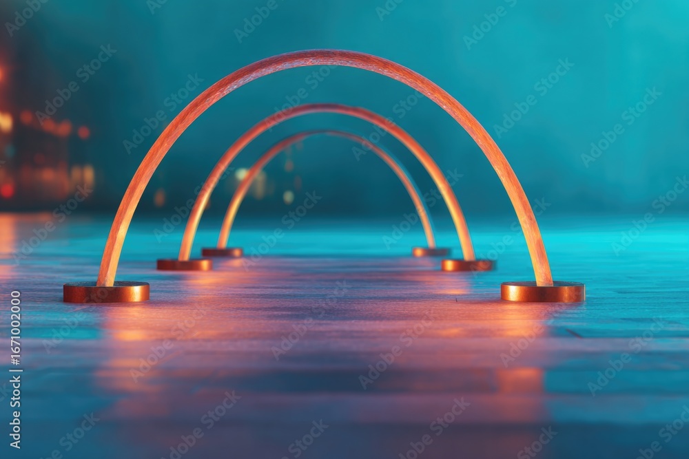 Poster illuminated arches create shimmering reflection on tranquil wate