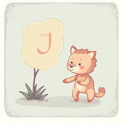 Cartoon Wolf Cub Near Tree with Letter J Artwork Illustration