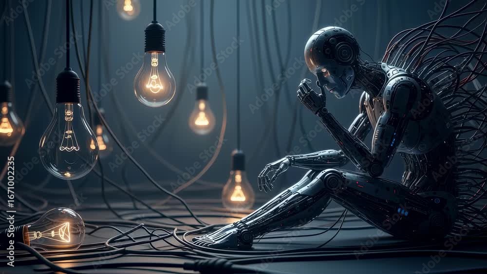 Aufkleber a surreal conceptual illustration of an artificial intelligence robot deep in thought surrounded by 