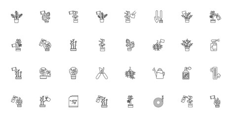 Houseplant care icon set. Vector illustration. Inclues symbols for watering plnts, fertilization, flowerot, gardening tools, potho, monstera, and more. Editble stroke.