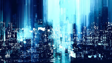 Abstract Blue Technology Background with Glowing Digital Cityscape.