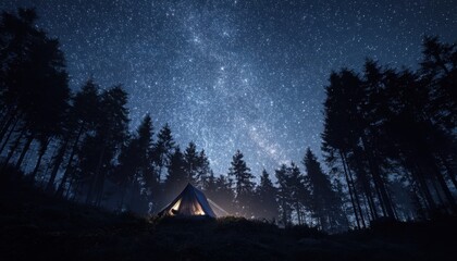 Sky Over Dense Forest with Silhouetted Trees and Mountain Range