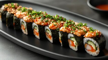 Spicy sushi roll topped with creamy sauce and chopped green onion served on black plate featuring rice seaweed cucumber seafood perfect for seafood lovers delicious meal elegant presentation - Powered by Adobe