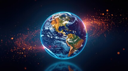 Obraz premium A vibrant depiction of Earth surrounded by cosmic elements, showcasing its beauty and connection to the universe with glowing effects.