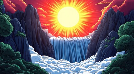 A vibrant sunset over a majestic waterfall surrounded by mountains and clouds.