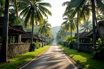 Obraz premium Tropical Road with Palm Trees in Sunny Morning