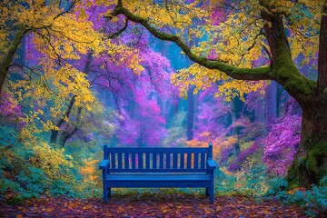 Serene Park Bench Under a Colorful Canopy of Autumn Leaves with Forest Scenery.