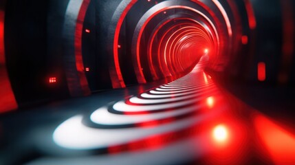 A futuristic tunnel illuminated with red and white lights, creating a dynamic visual effect.