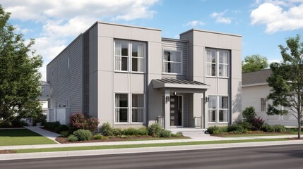 Modern Two-Story House Exterior with Street View Under Blue Sky