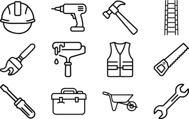 Collection of black outline construction and D I Y tools on white background hard 4