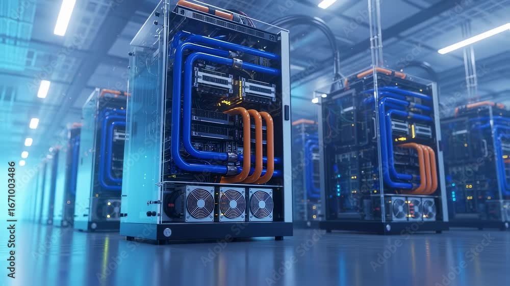 Poster highcapacity ai compute units with visible cooling pipes and power supplies set up on a professional