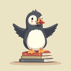 Penguin Standing on Books Cartoon Style Illustration