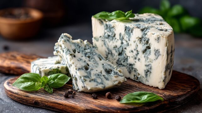 Blue cheese, dor blue or roquefort mold cheese slice on cutting board with basil leaves, lifestyle food.